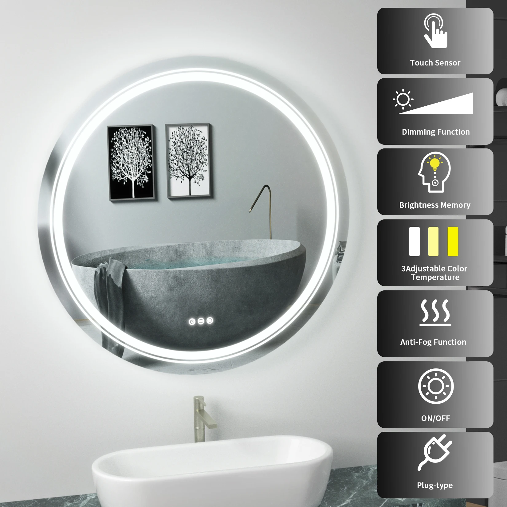 Modern Illuminated LED Bathroom Mirror with Lights Demister and Sensor Wall Mounted 80x80cm