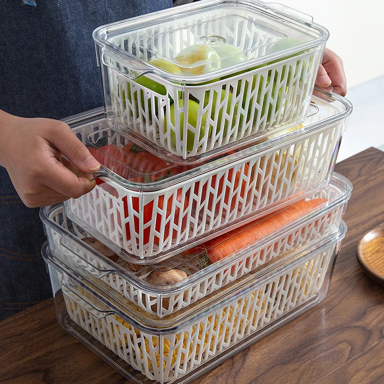 Transparent Fresh-keeping PET Material Refrigerator High-quality Draining Transparent Storage Containers Box For Kitchen