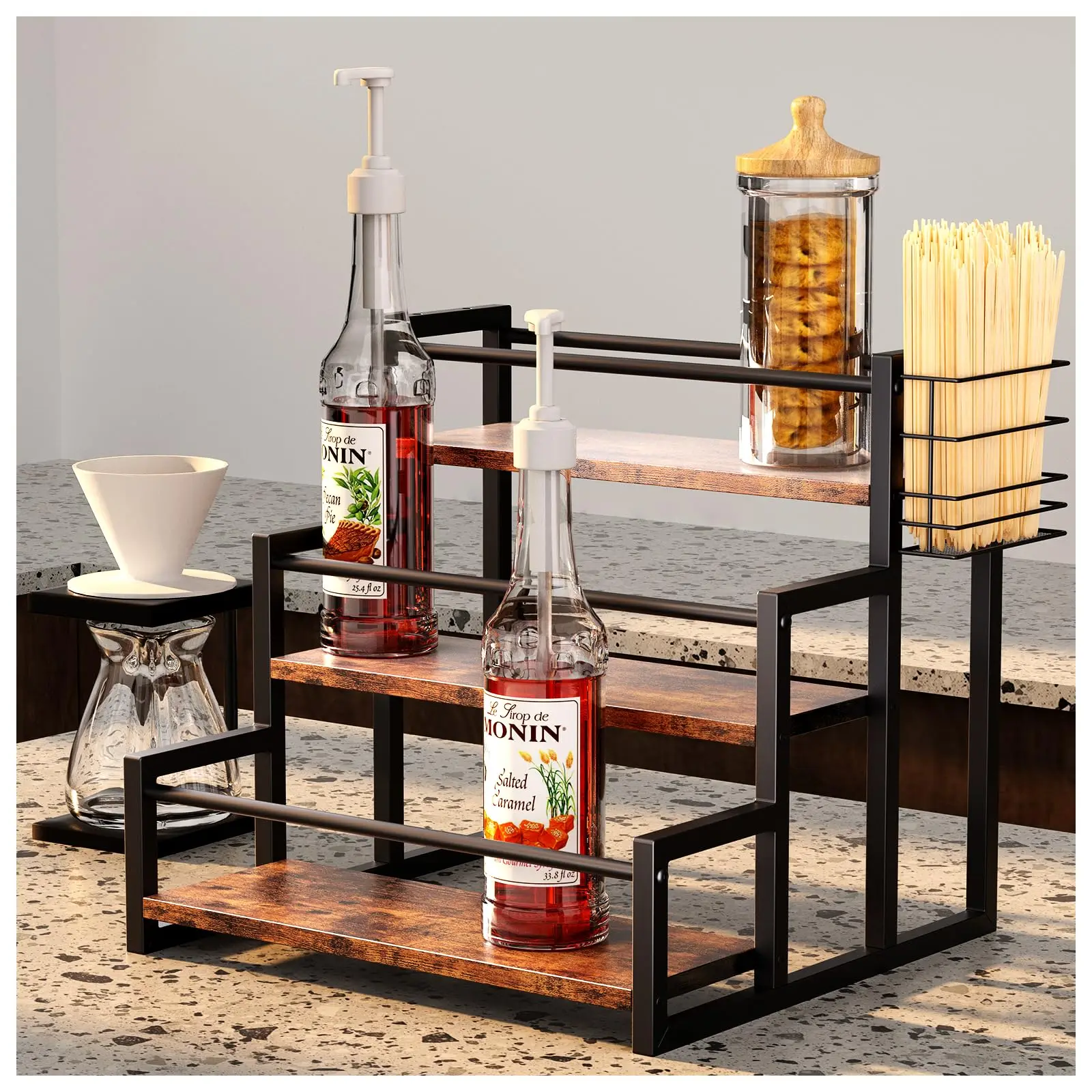 Coffee Bar 12 Bottle Storage Coffee Syrup Stand Ironwood Coffee Syrup Holder Organizer Rack