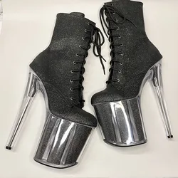 OEM/ODM glitter pole dance transparent stiletto 6 inch platform leather shoes women lace up boot with see through platform