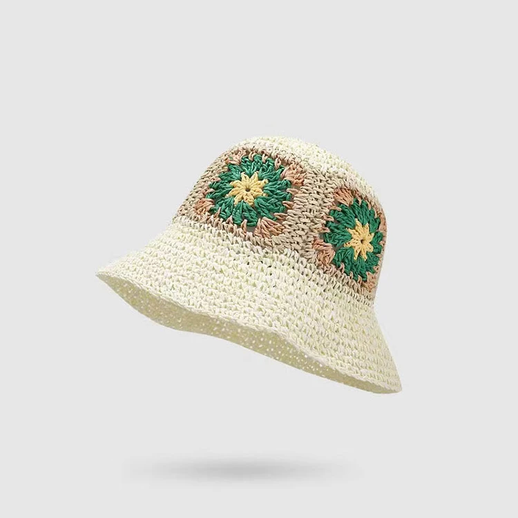 manufacture custom designer famous brand flower knitted small brim boho straw bucket hat mujer unisex colorful folding sun cap