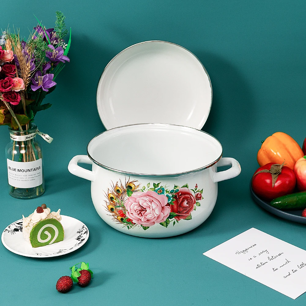 Peacock feathers and flowers bloom cast-iron enamel casserole enamel  pot set