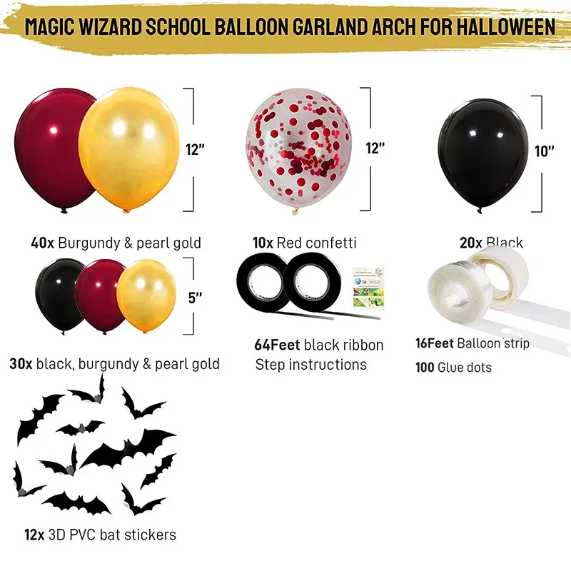 Black Red Gold Balloons Garland Kit Confetti Balloon Bat Stickers, Latex Balloons for Halloween Decoration Birthday