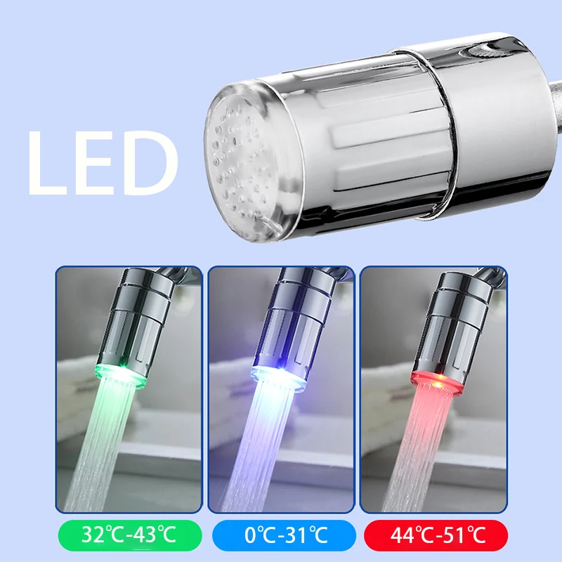 Rotary Faucets LED Temperature Sensitive 3-Color Light-up Water Saving 1440 Degree Swivel Faucets Nozzle Tap Adapter