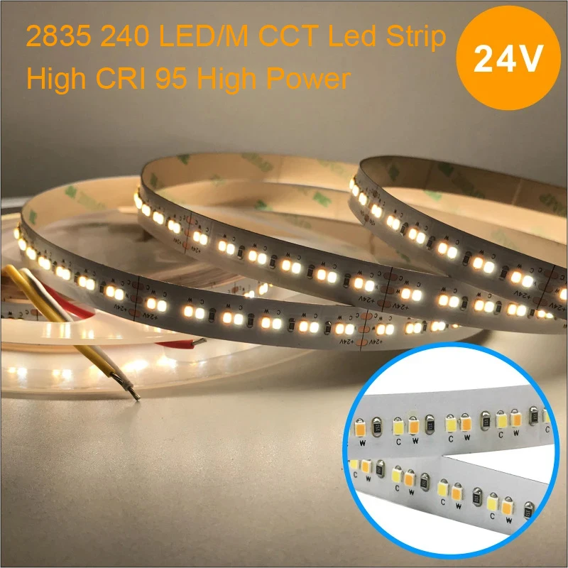 High Quality High CRI RA 95-97 smd 2835 2216 3014 24v 2700k-6500k 240leds/m stripe tape cct led strip light 240 leds 20W 24W
