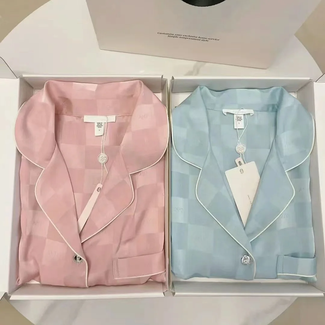 Cheap Two Pieces Silk Satin Long Sleeves Pajamas Set Jacquard Ice Silk Home Wear Clothing Fashion 2pcs Sleepwear for Women