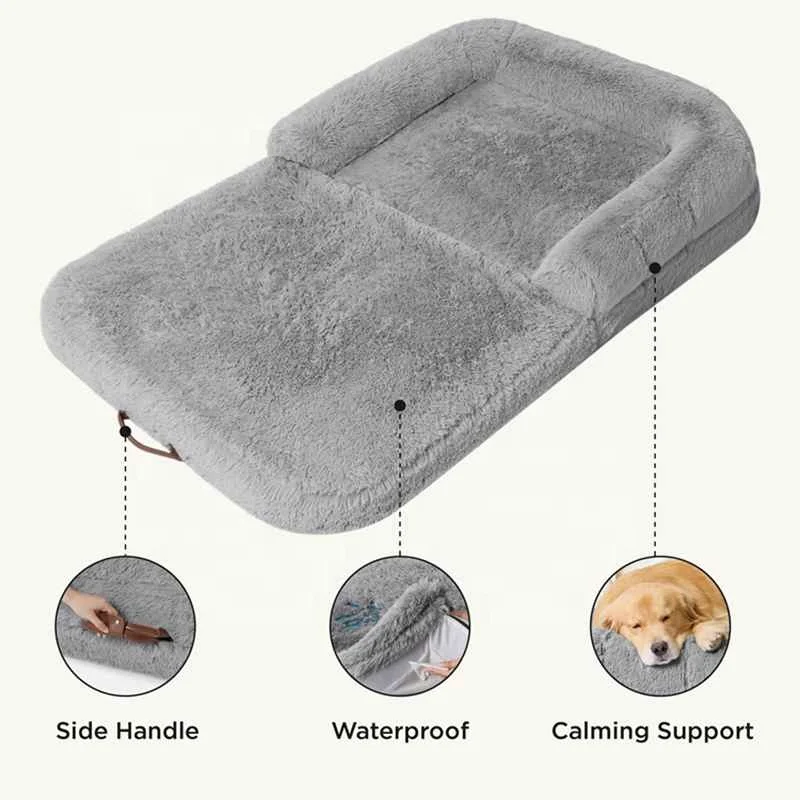 Foldable Human Dog Bed for People 2 in 1 Calming Human Size Giant Dog Bed Egg Foam Supportive Mat Faux Fur Orthopedic Dog Sofa