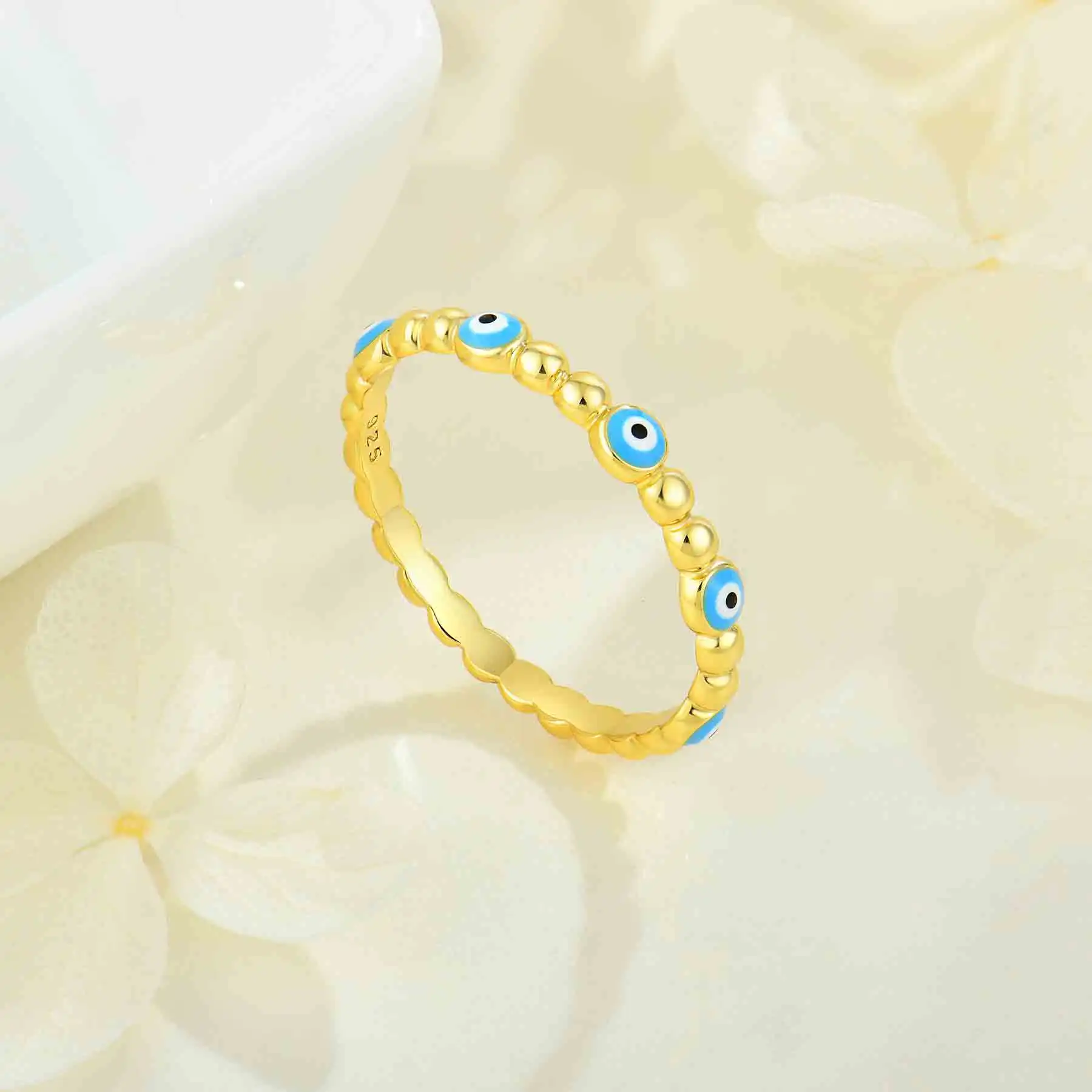 New trendy 18ct gold plated bead rings 925 sterling silver enamel eyes ring