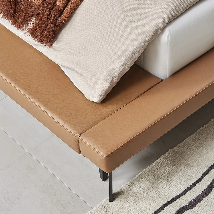 Imported Nappa Lychee Pattern Cow Skin Leather King Size Bed Frame Upholstered Bed With Bedside Table