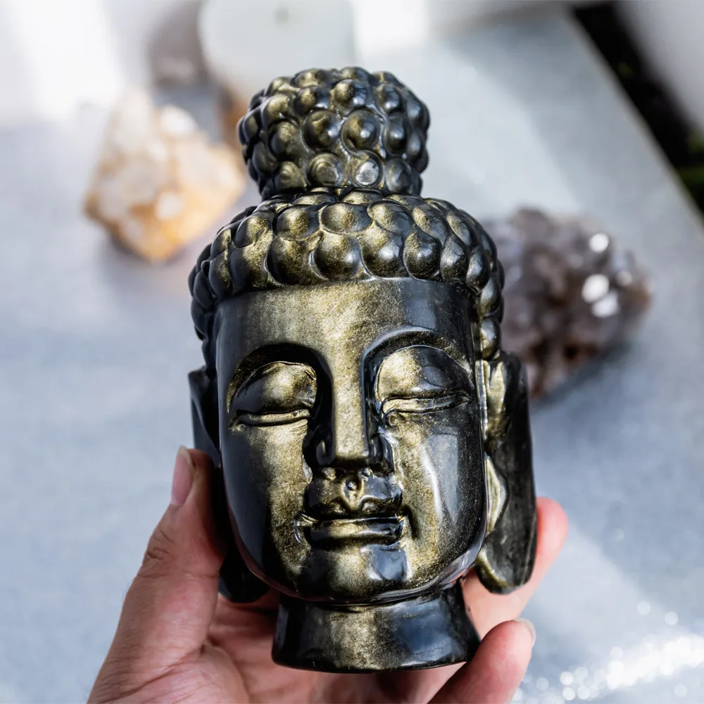 High Quality Crystal Crafts Gemstone Golden Obsidian Buddha Head Skulls Natural Crystal Stone