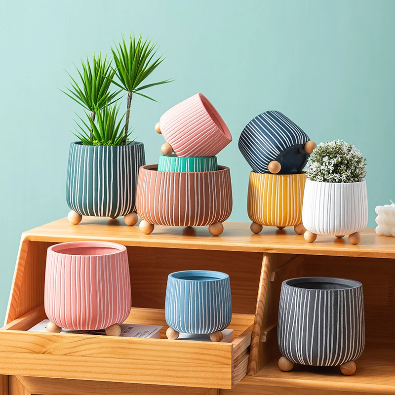 Nordic Colorful Ceramic Flowerpot Succulent Planter Ceramic Pots For Indoor&outdoor Plants Cactus Flower Pot With Wood Base