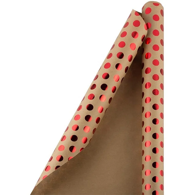 PAPER Gift Wrap - Kraft Wrapping Paper - 25 Sq Ft - Red Foil Polka Dots on Brown Kraft Paper - Roll Sold Individually