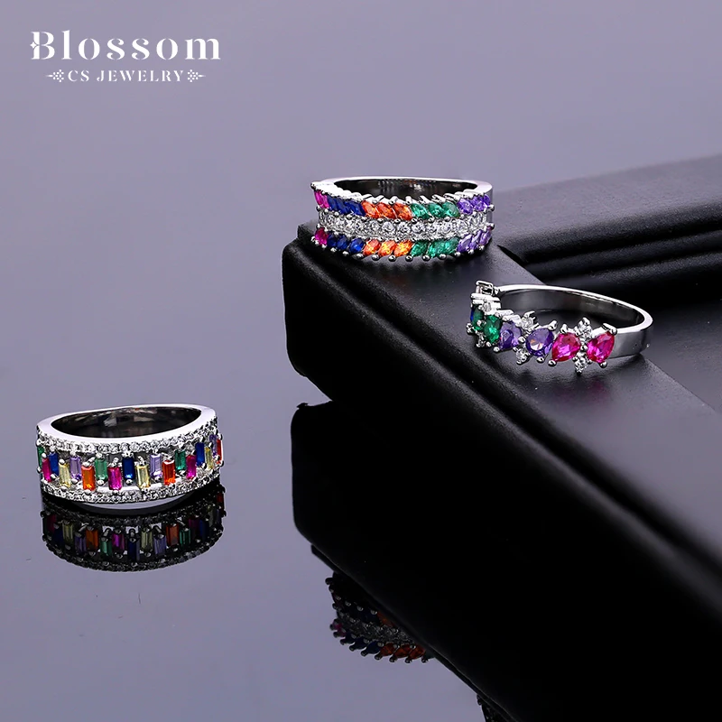 Luxury Manufacturer Jewelry Eternity Diamonds Rings Price Hypoallergenic No Fade Colorful Rainbow Stone Sterling Silver 925 Ring