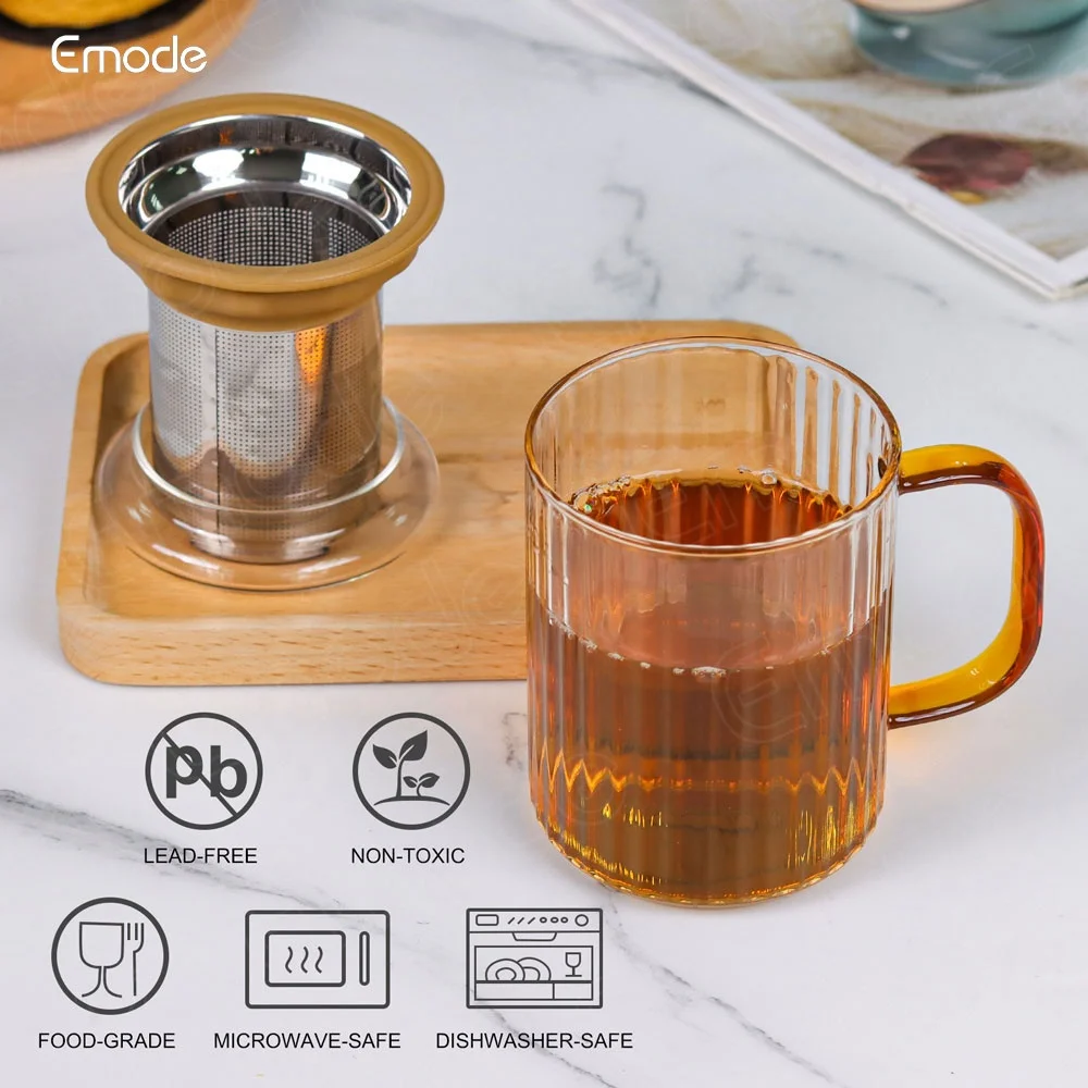 Emode Personal Tea Maker Insulated Heatproof Fluted Glass Cup with Loose Tea Infuser and Lid Borosilicate Glass Infusion Mug