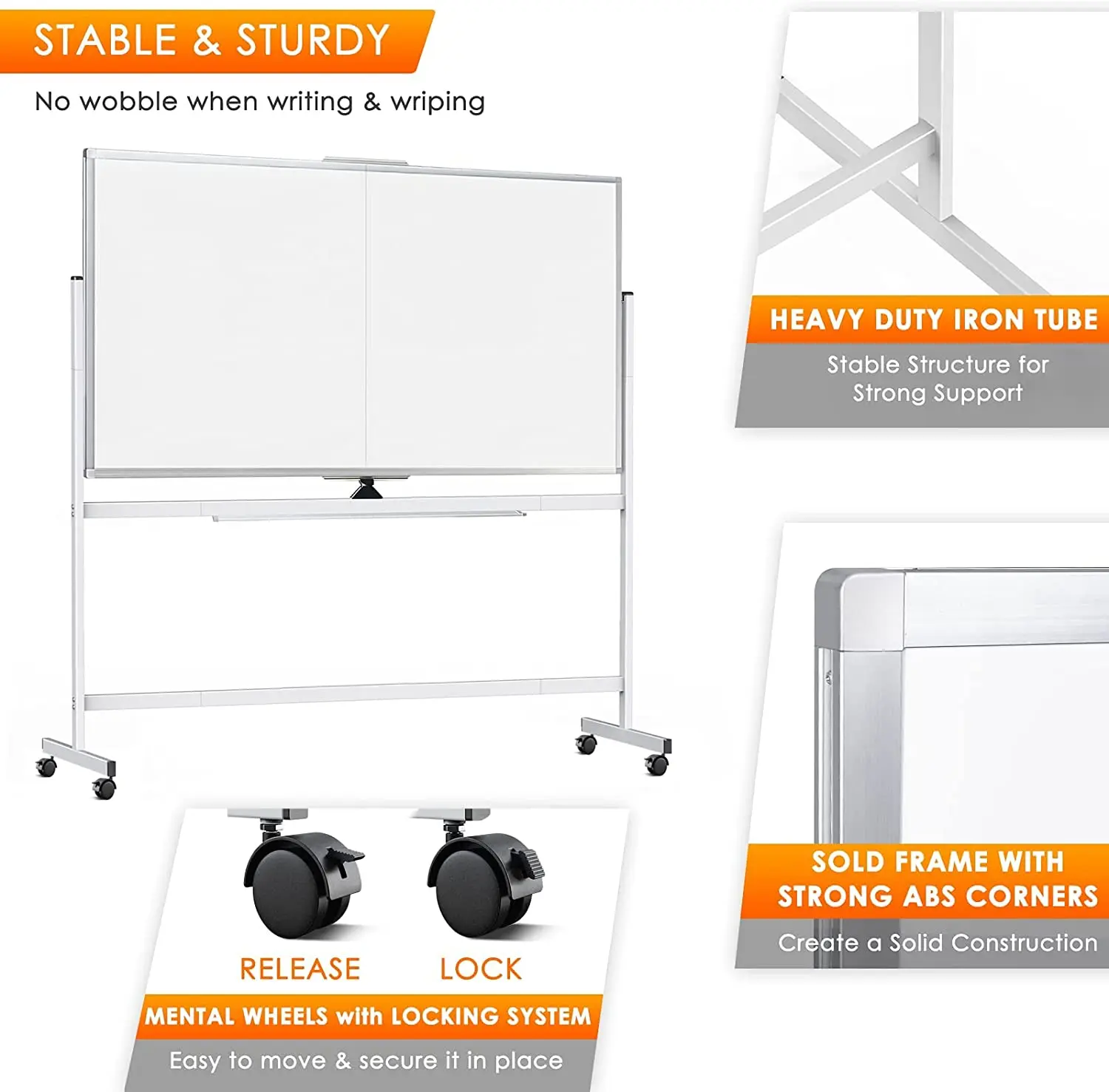 72 x 40 Double Sided Rolling Whiteboard, Mobile Whiteboard Magnetic White Board - Large Reversible Dry Erase Board Easel
