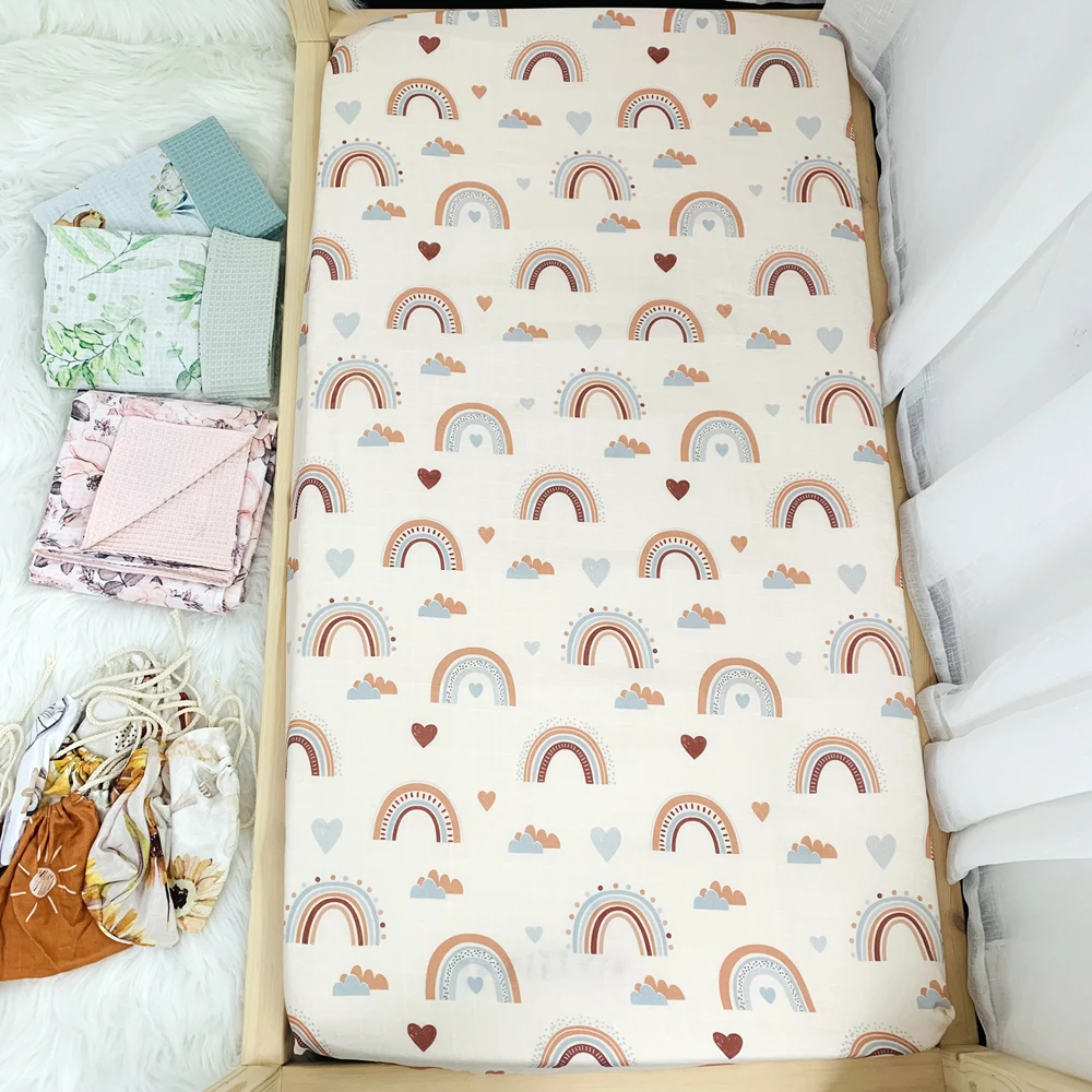 new sale rainbow design muslin bamboo cotton baby crib fitted bassinet bed sheets