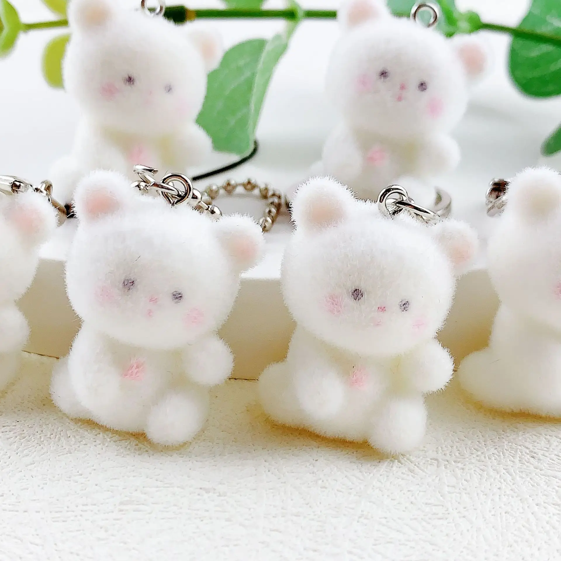 2024 Cartoon Flocking Bear Keychain Animals Doll Resin Key Chains Cute Pom Pom Keyrings Cat Dog Cow Koala Bunny Plush Keychain