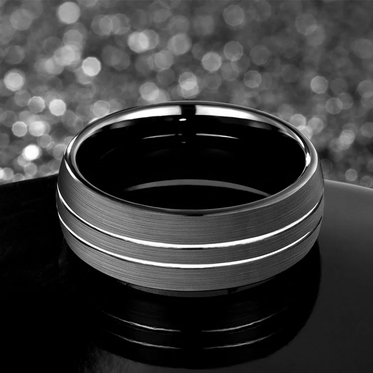 Simple jewelry 8mm silver groove Black tungsten carbide mens ring in 2021