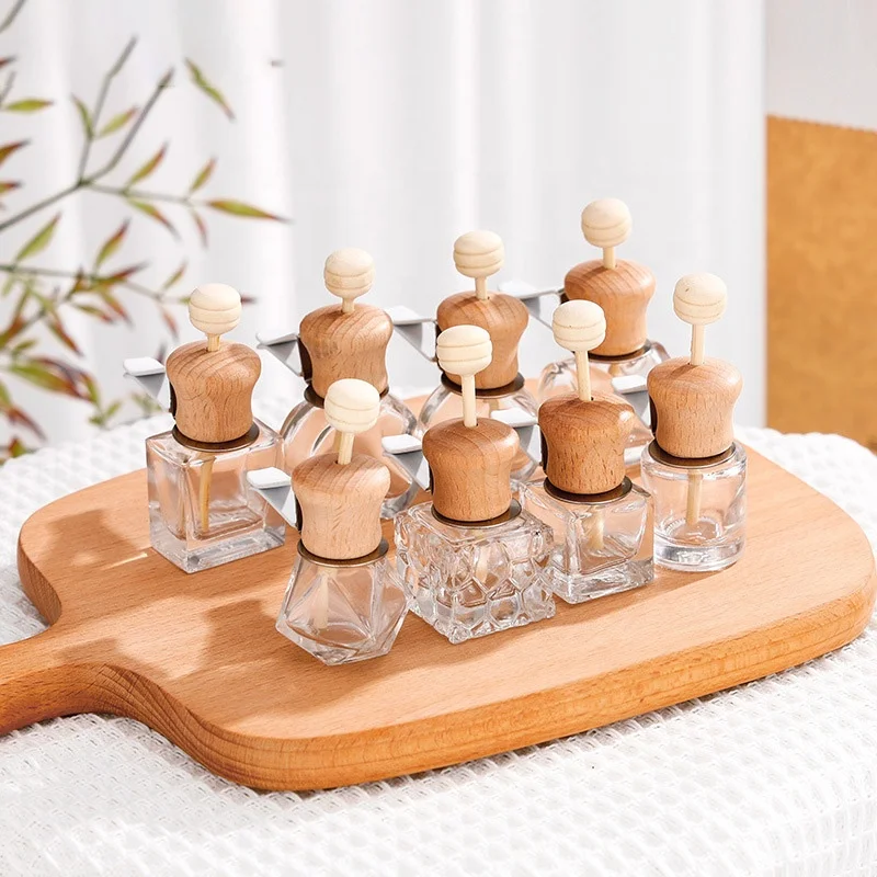 Empty Bottle Car Vent Air Freshener 8ml 10ml 12ml Clear Fragrance Glass Perfume Bottle With Wooden Cap