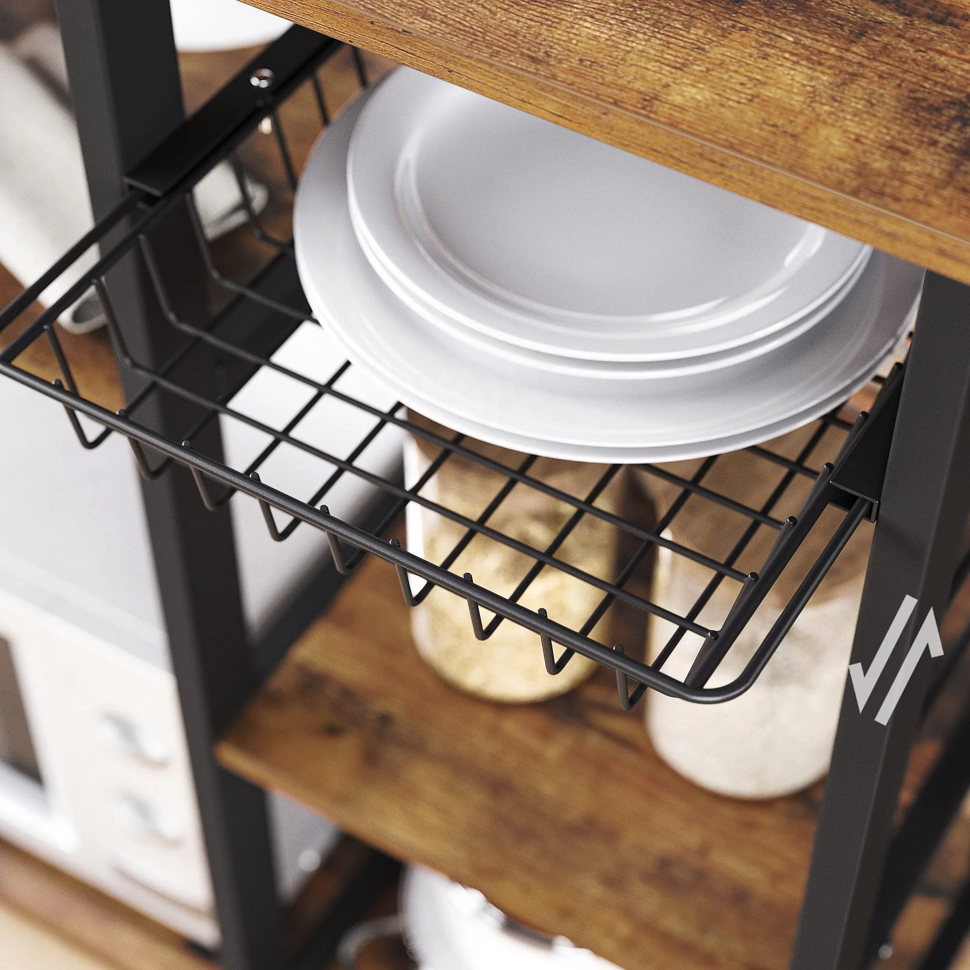 Multi Layer Metal Frame Stackable Kitchen Microwave Oven Organizer Bakers Rack Storage Shelf With Basket And Hooks