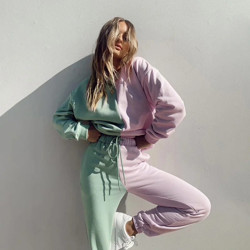 Tracksuit 2024Ladies Color Block Crewneck Sweatshirt Sweatpants Blank Sweatsuits Joggers Pants Two Piece Pants Set