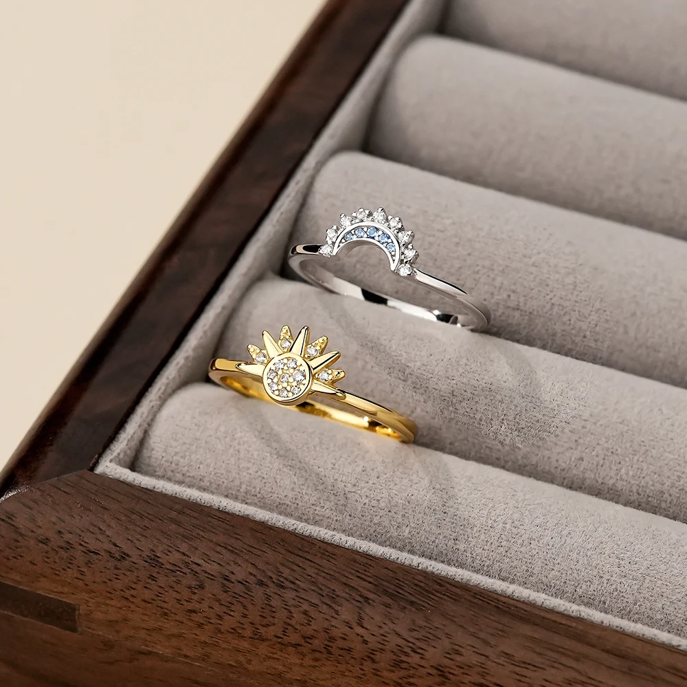 New Trendy 925 Sterling Silver Fashion Jewelry Sun Moon Sapphire Zircon Couples Matching Rings for Women