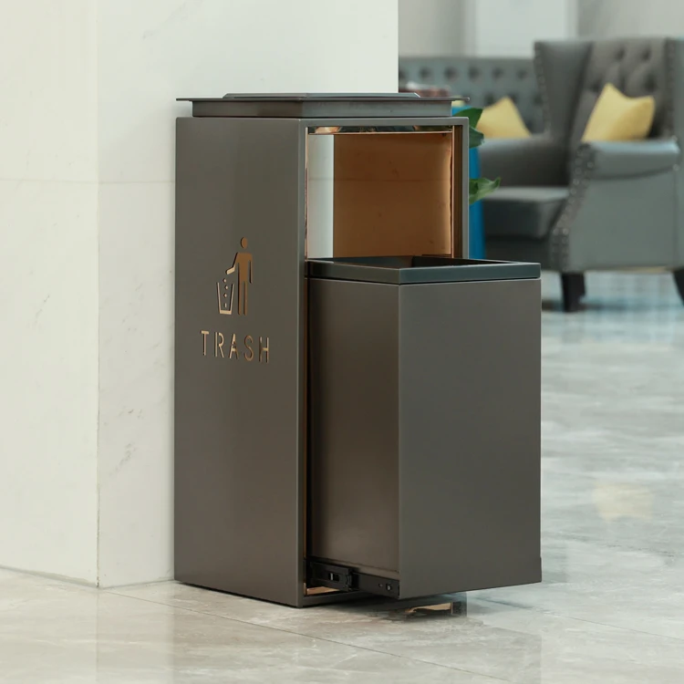 Stainless Steel Trash Can Metal Ashtray Push-Pull Waste Dust Bin for Outdoor Hotel Lobby Shopping Mall-for Garbage Management