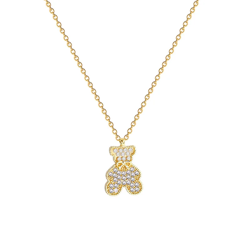 Charm Fashion S925 Sterling Silver Exquisite Zircon Pearl Bear Pendant Necklace Female Ins Simple Retro Pendant Necklace