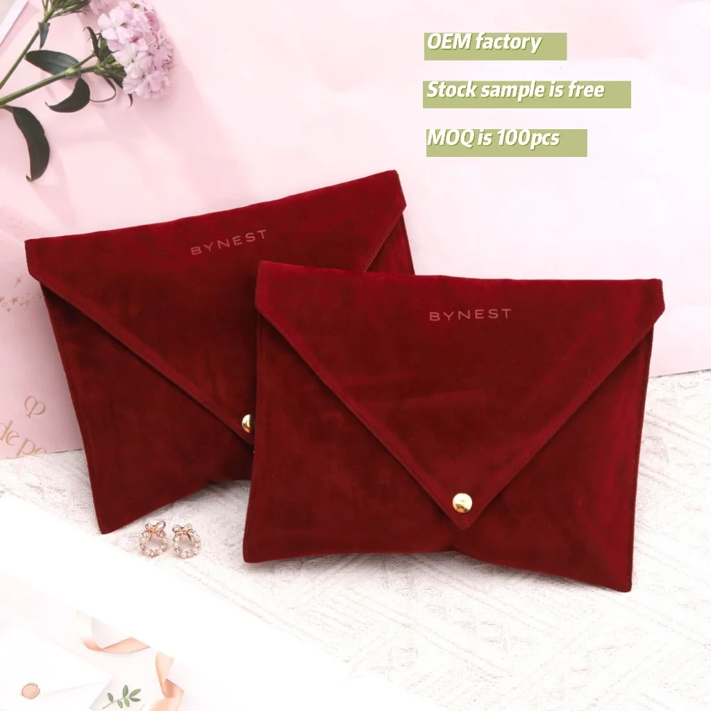OEM Free Sample Custom Logo Printed Button Velvet Satin Lining Envelope Pouch For Jewelry Wedding Gift Faux Suede Dust Bag
