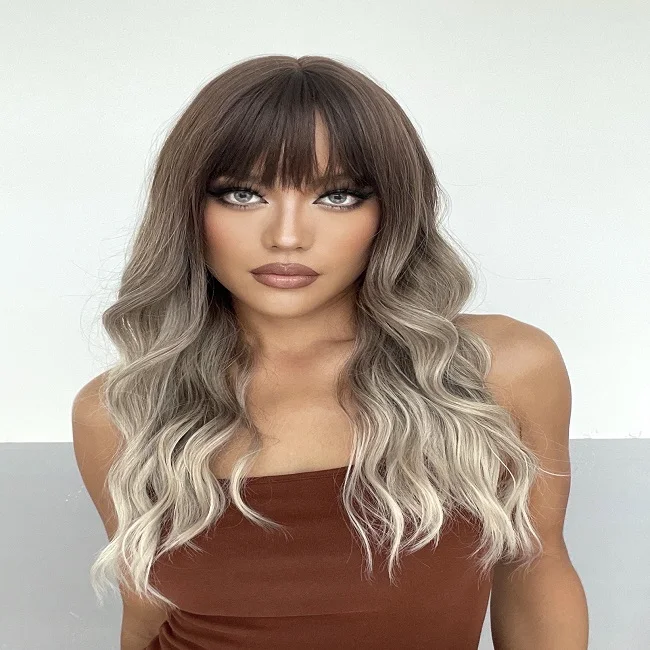 A417  air bangs big wave long curly hair gradient brown black Brown multicolor European and American style wig female