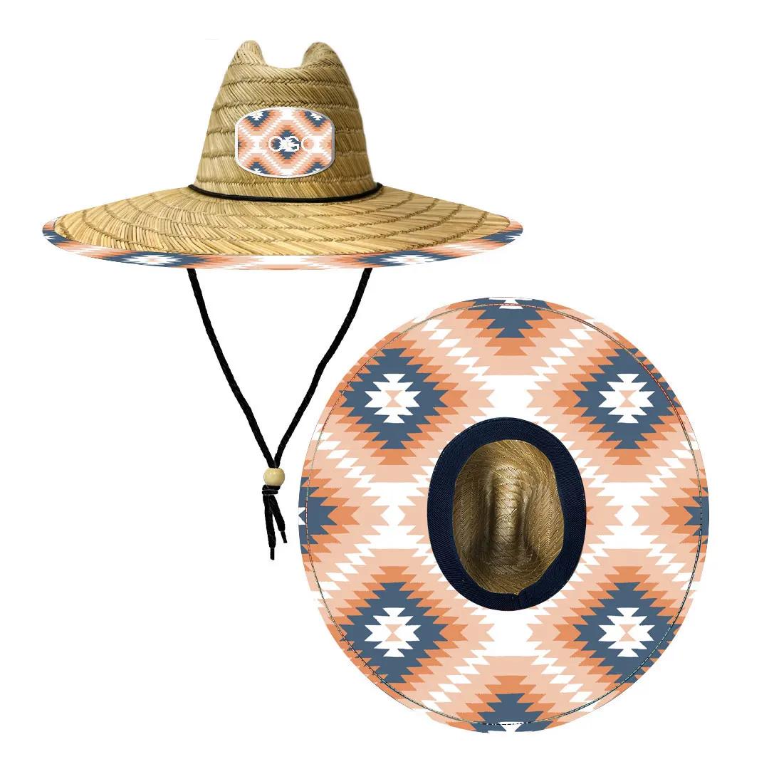 High Quality Custom Printed Logo Designer Summer Beach Straw Hats Lifeguard Surfing Sun proof Wide Brim Straw Beach Hat