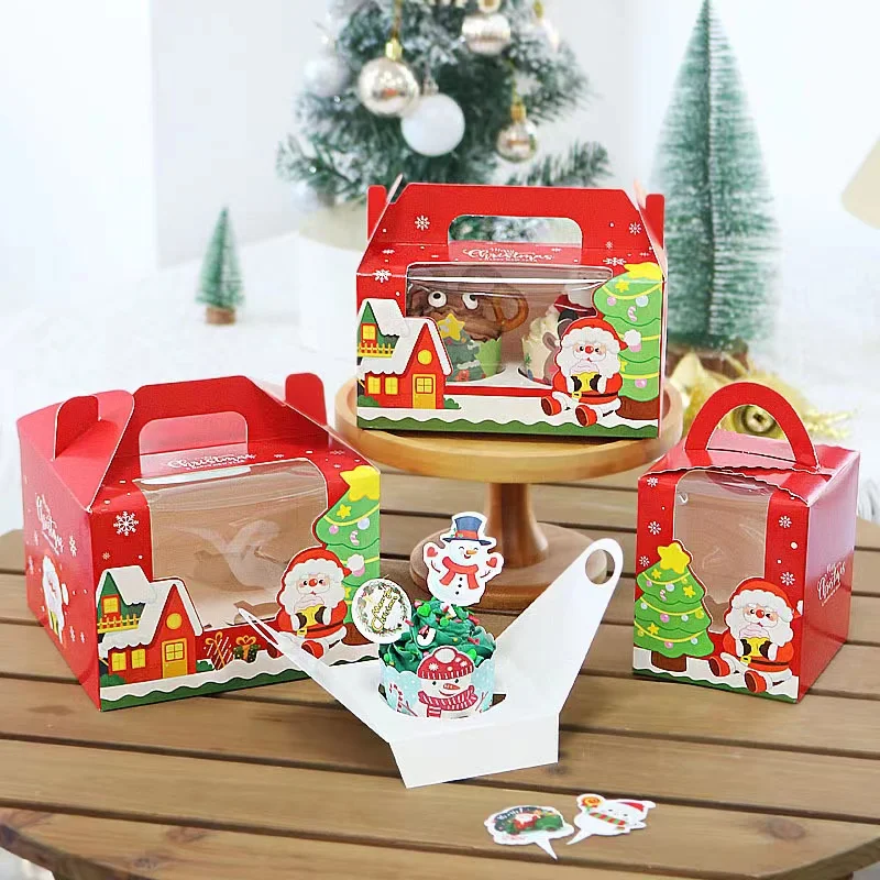 Wholesale Thick Packaging Paper Boxes 1 2 4 6 Pieces Christmas Paper House Gift Box Christmas Cupcake Packaging Box With Window
