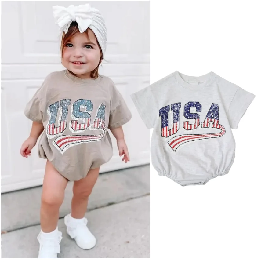 Fashion Newborn Baby Boys Girls Independence Day Romper 0-24M Letter Printed Short Sleeve Sweatshirt Jumpsuits