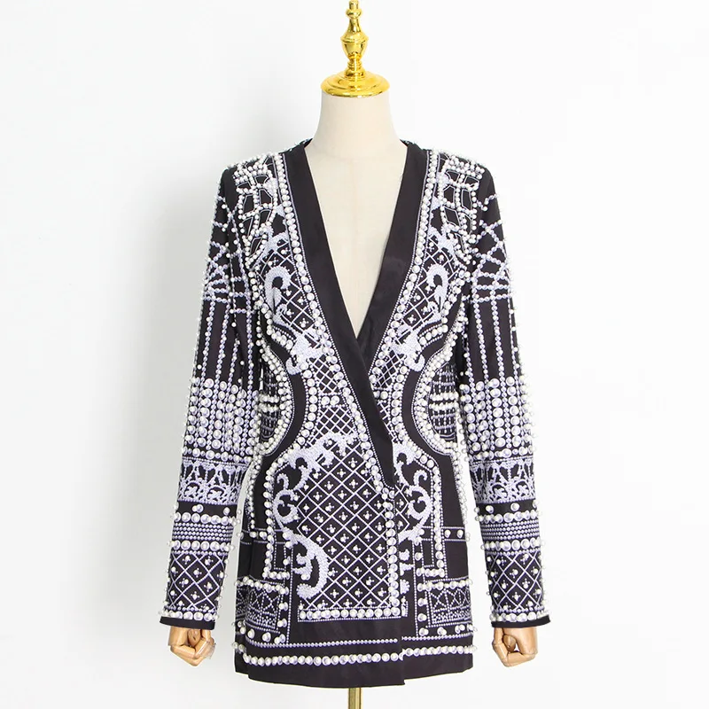 20234 New fashion pearls embroidery jacket customized street jacket wear rhinestone women jacket