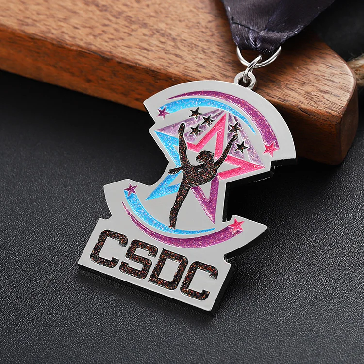 Manufacturers personalized soft enamel zinc alloy powders designs glitter effect dance competition silver medal