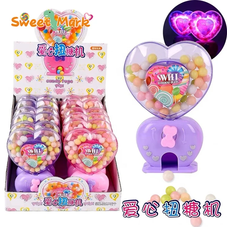 Funny flash loving heart twist candy machine toy with halal candy bean