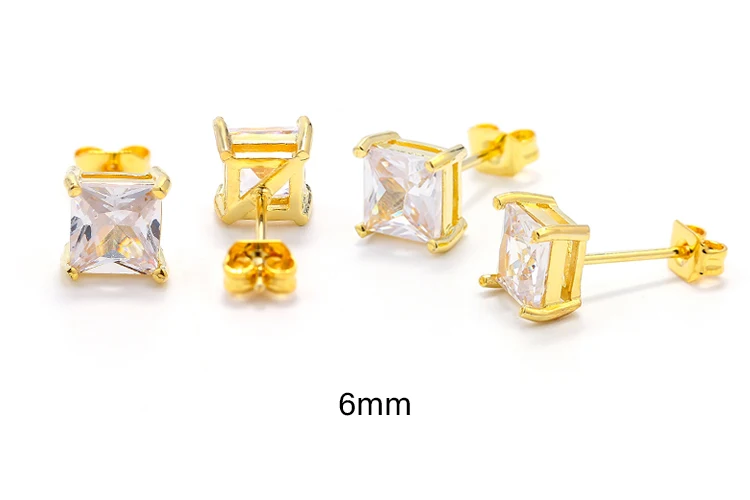 Simple brass jewelry white crystal zircon 6-8 mm single square stud earring