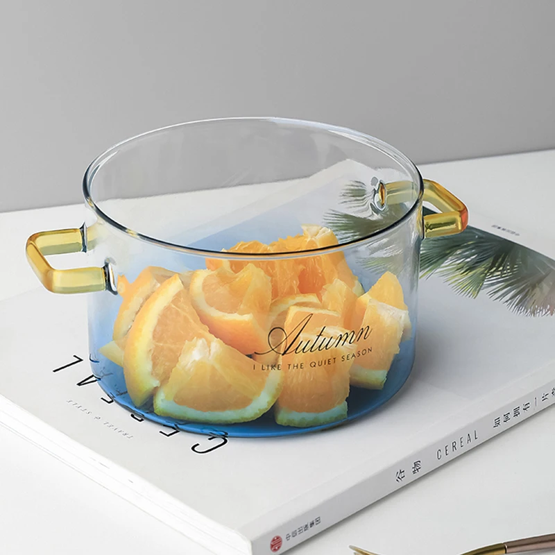 Glass Bowl Blue Crystal Glass Bowl with Cover Double Handle Cute Dessert Salad Soup Bowl Creative Tableware