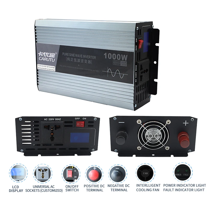 1Kw Car Pure Sine Wave 12V 24V 220V Home Inverter Portable Dc Ac Frequency Power Inverter 1000W