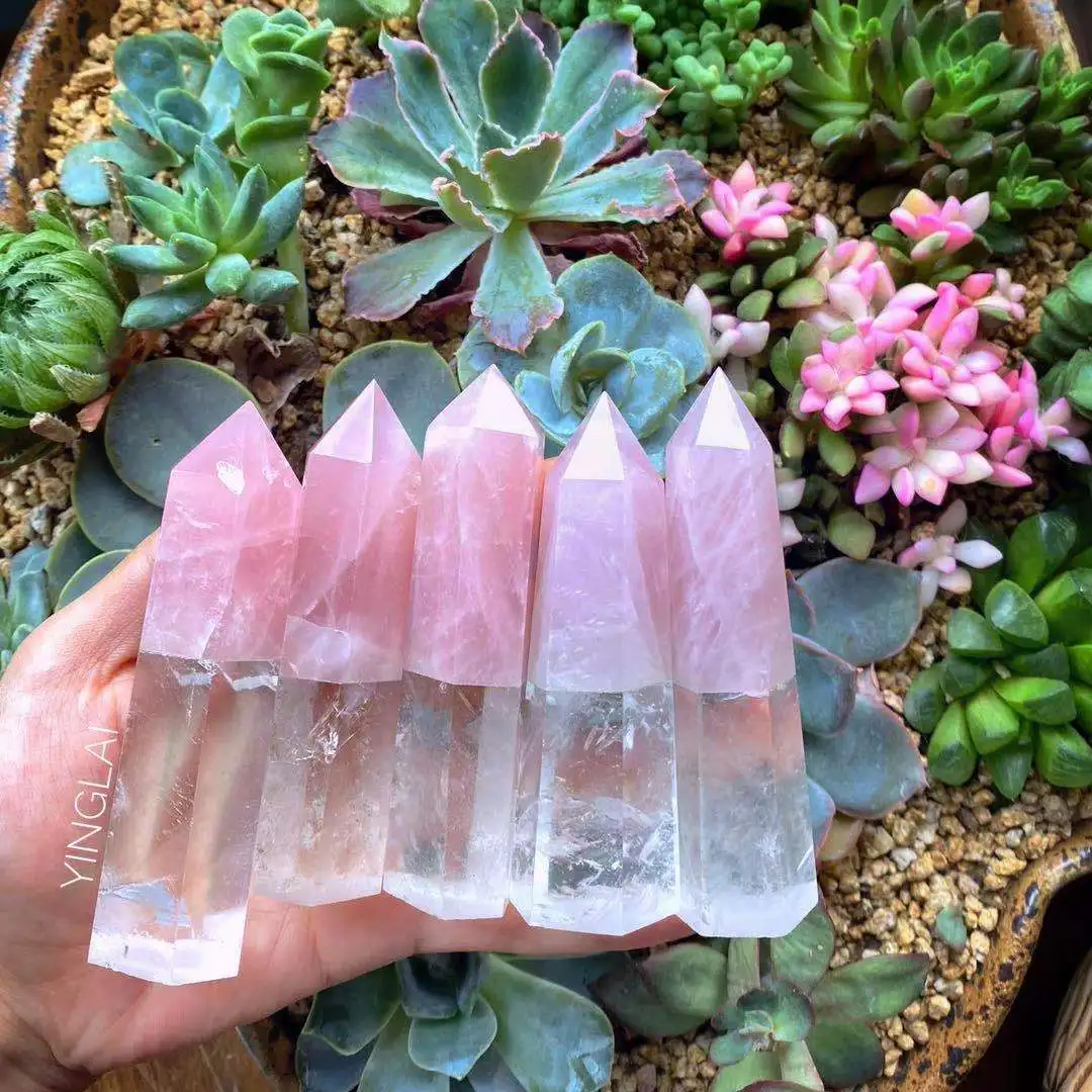 Wholesale natural crystals healings stones wand tower splicing rose quartz and clear quartz points