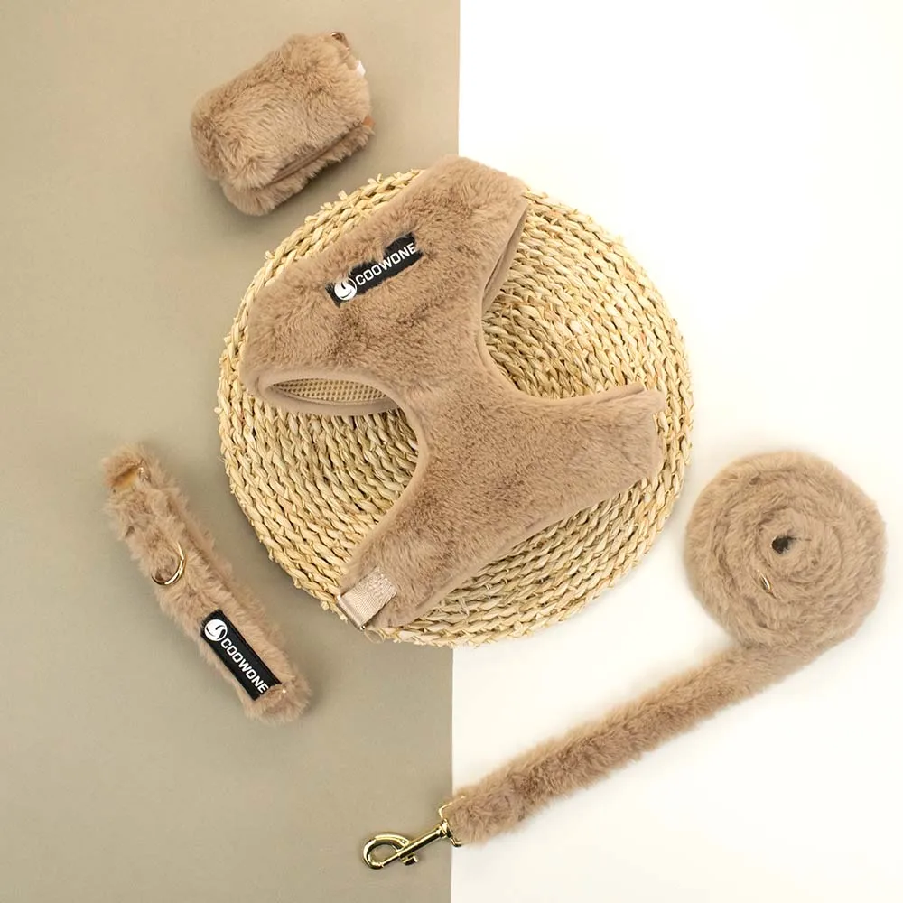 Winter Warm Faux Fur Pet Dog Harnesses Set Puppy Cat Harness Leash Set For Small And Middle Dogs