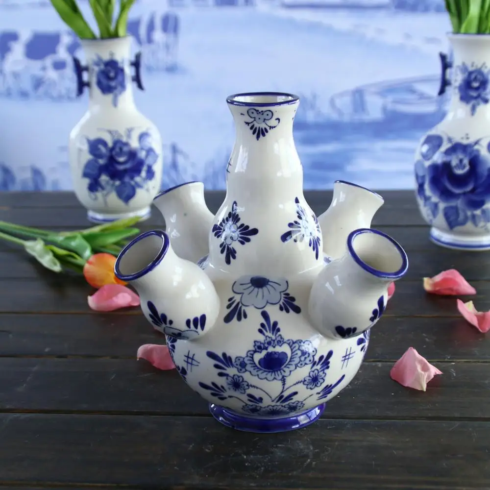 
Vintage Seven Finger Delft Tulip Vase Hand Painted Blue and White Beautiful Cond 