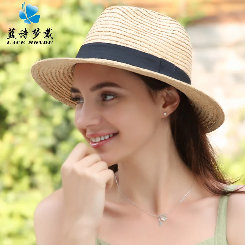  Raffia straw female summer sunscreen sun decoration Panama hat simple Japanese beach flat top sunshade