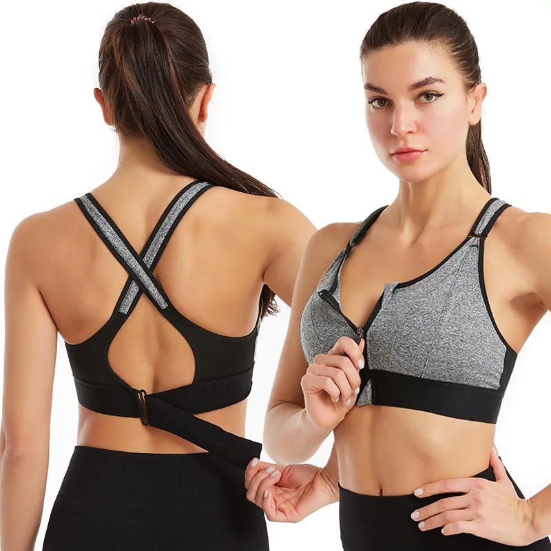 FF1764 Women Wireless Back Support Bra Compression Full Coverage Brassiere Strappy Zip Front Sports Bra