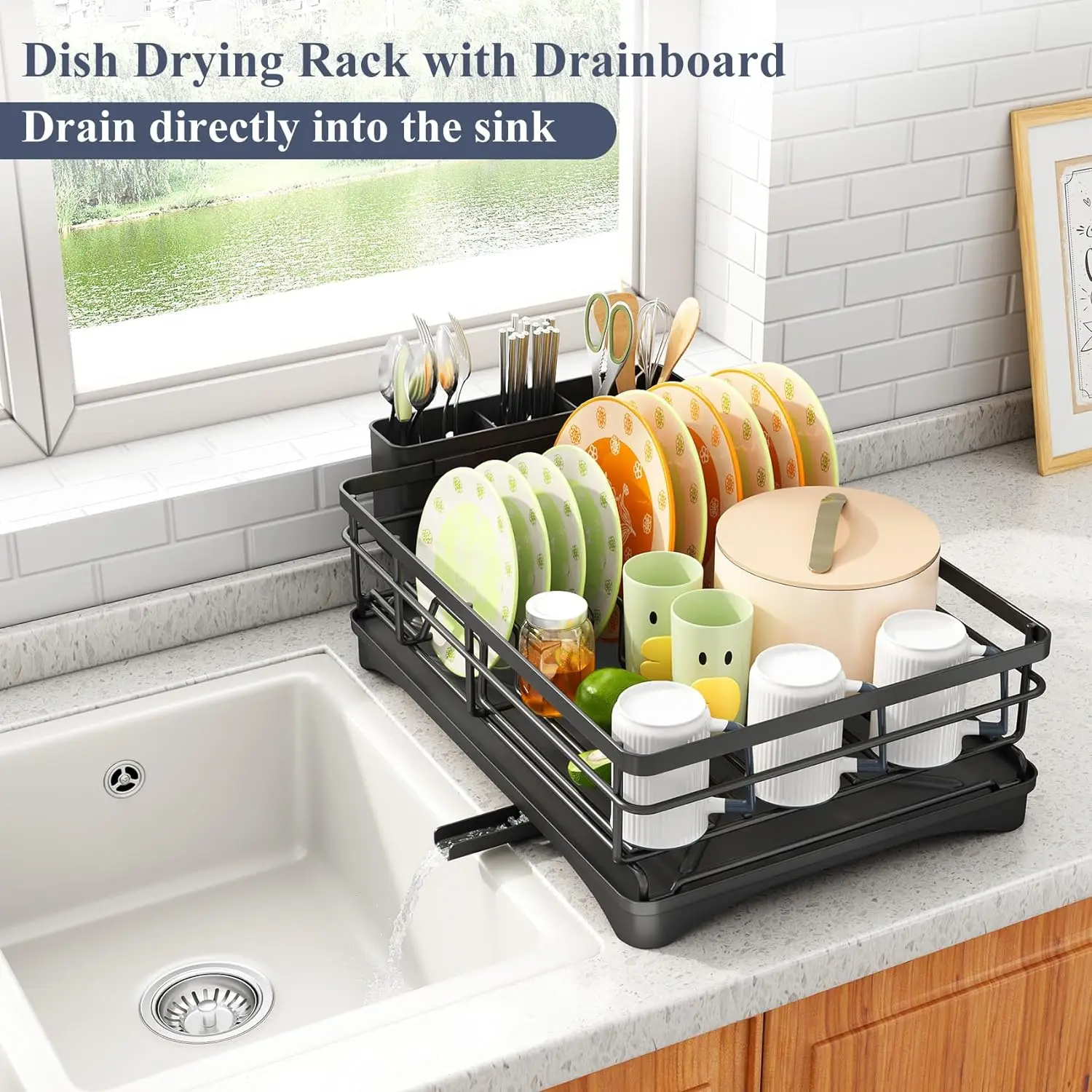 Stainless Steel Dish Drying Rack for Kitchen Counter Drainer with Cutlery Holder Organizer for Dishes Spoons Forks