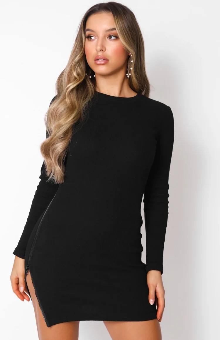 
2021 spring new ins style zipper slit long sleeve slim bottom bag hip sexy dress ladies S girls 