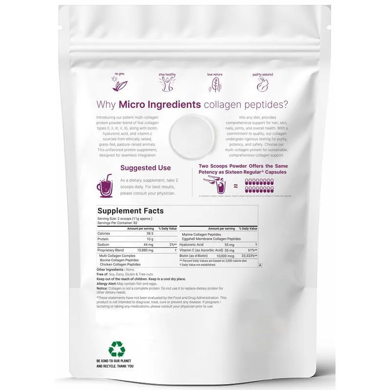 OEM Micro Ingredients Multi Collagen Protein Powder, 1 Pound Type I,II,III,V,X with Biotin, Hyaluronic Acid