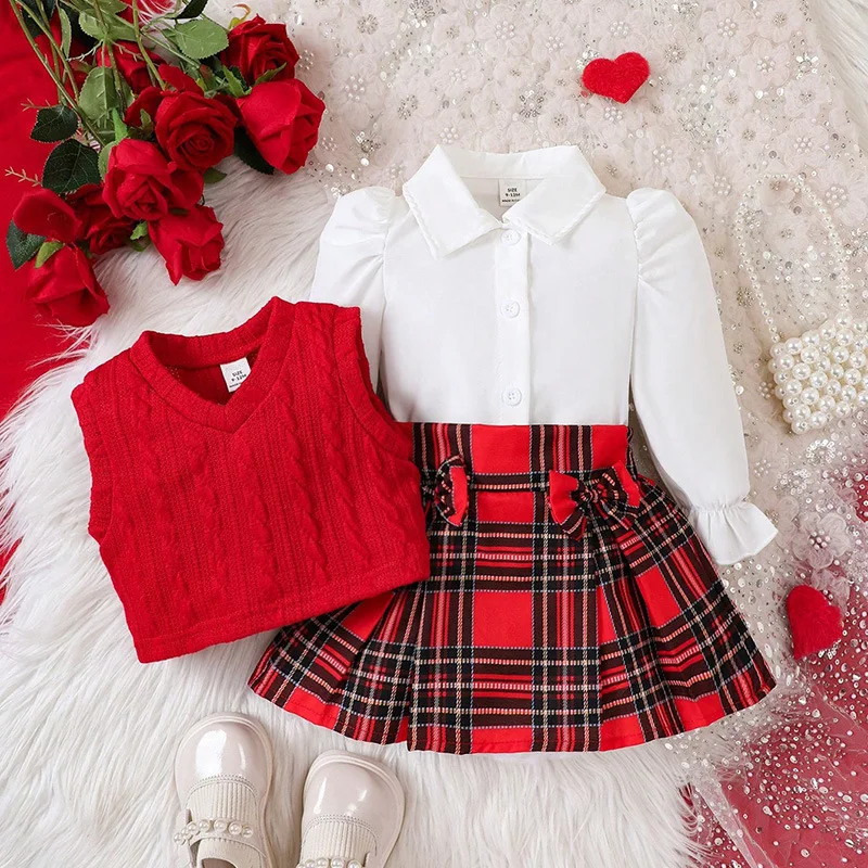 Baby Christmas costume fashion baby girls long sleeve shirt plaid skirt knit waistcoat 3Pcs clothing