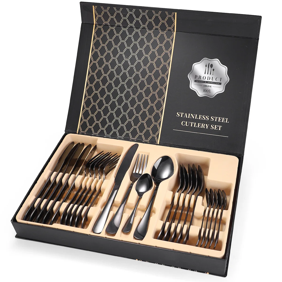 
Amazon hot Set Flatware Silverware Fork Spoon Knife 24 Piece Stainless Steel Black Cutlery 