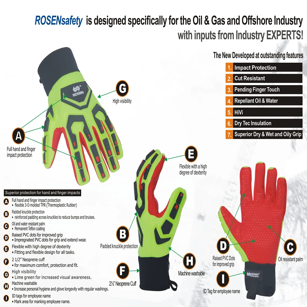 Offshore Oil Gas Heavy Work Cut Resistant Shock Absorbing High Impact TPR Knuckle Protect Mechanical Construction Safety Gloves